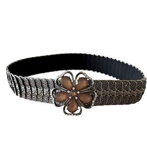 Free People Stretch Silver Embossed Metal Belt w/ Brown Faceted Crystal Flower